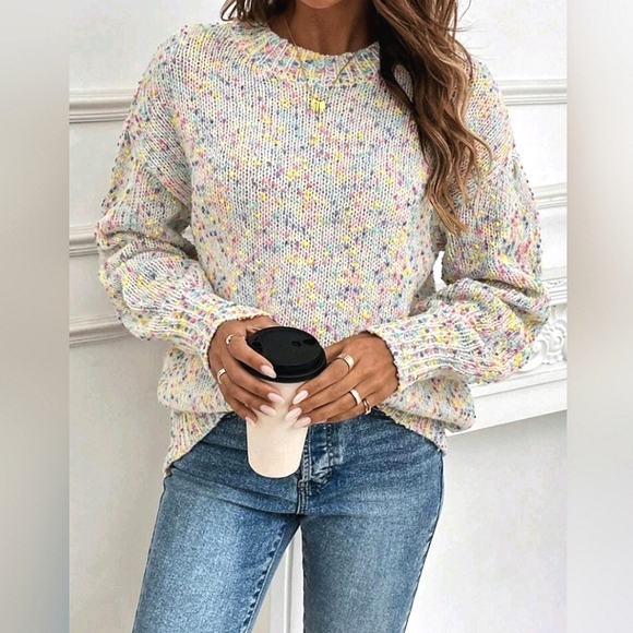New Boho Confetti Rainbow Knit Sweater Top Pullover White Pink Blue Yellow - Picture 5 of 8